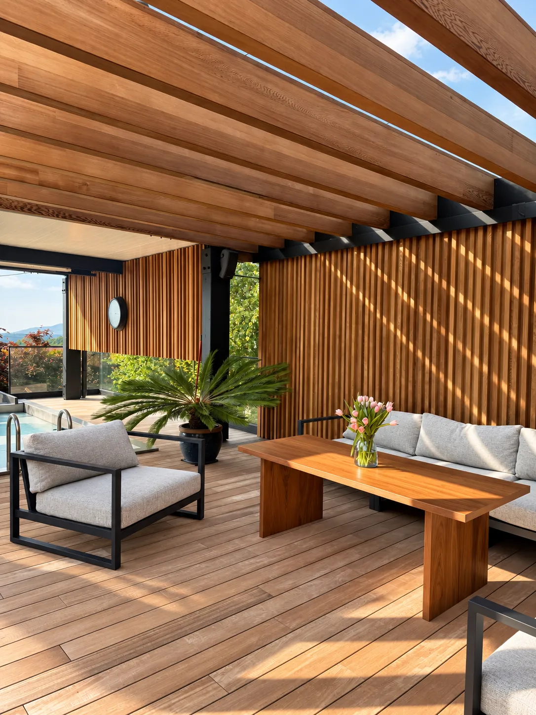 Pergola, stolik i taras z drewna